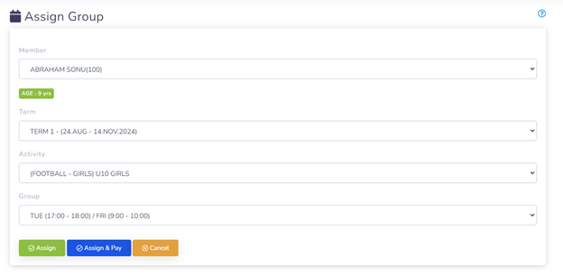 ClubSys group management screen for academy classes