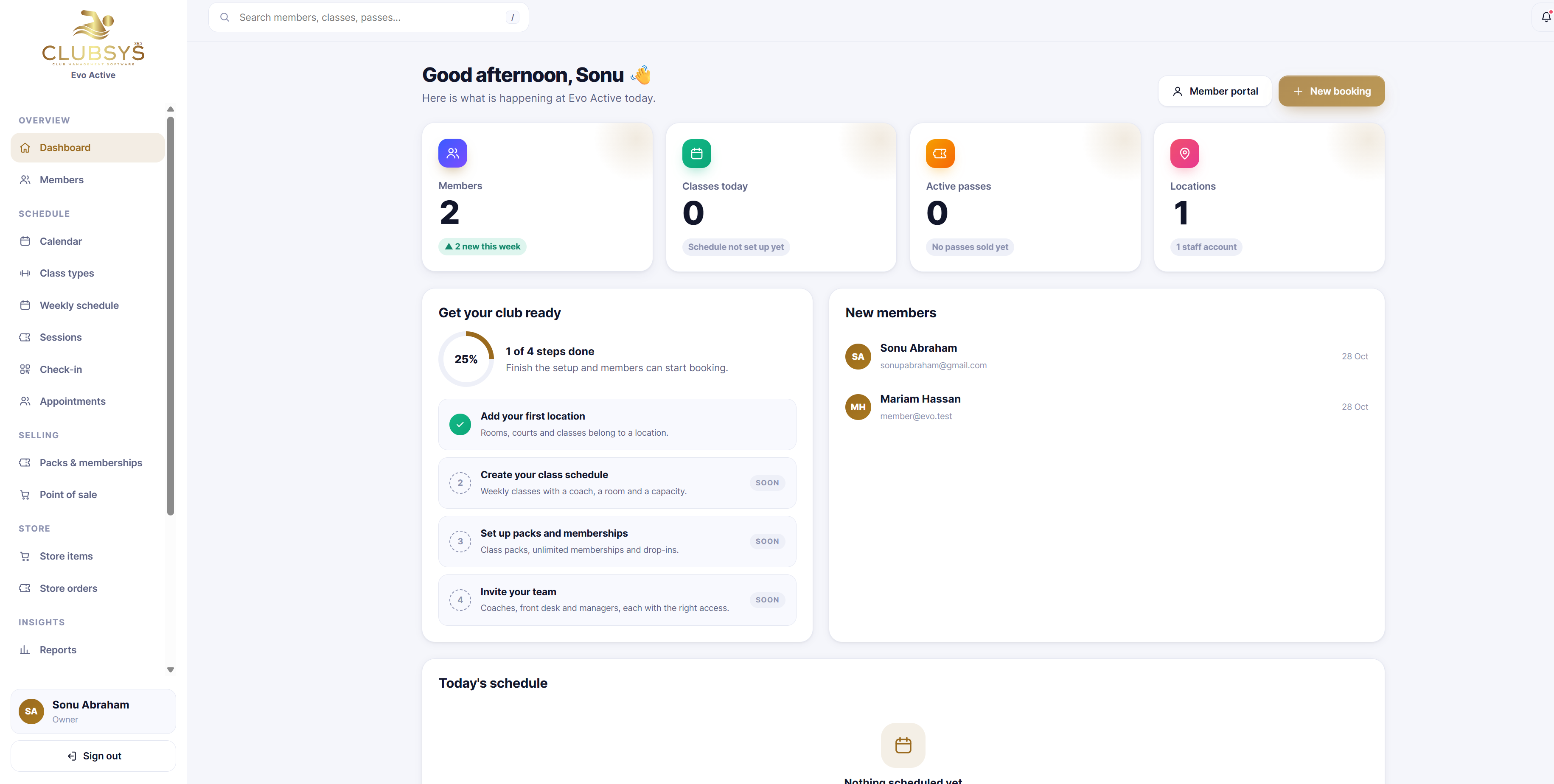 ClubSys365 dashboard overview