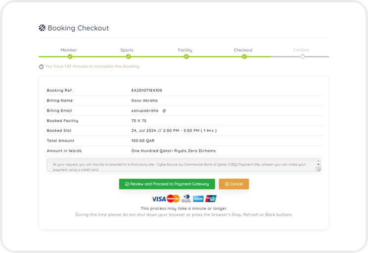 ClubSys secure booking checkout and payment screen